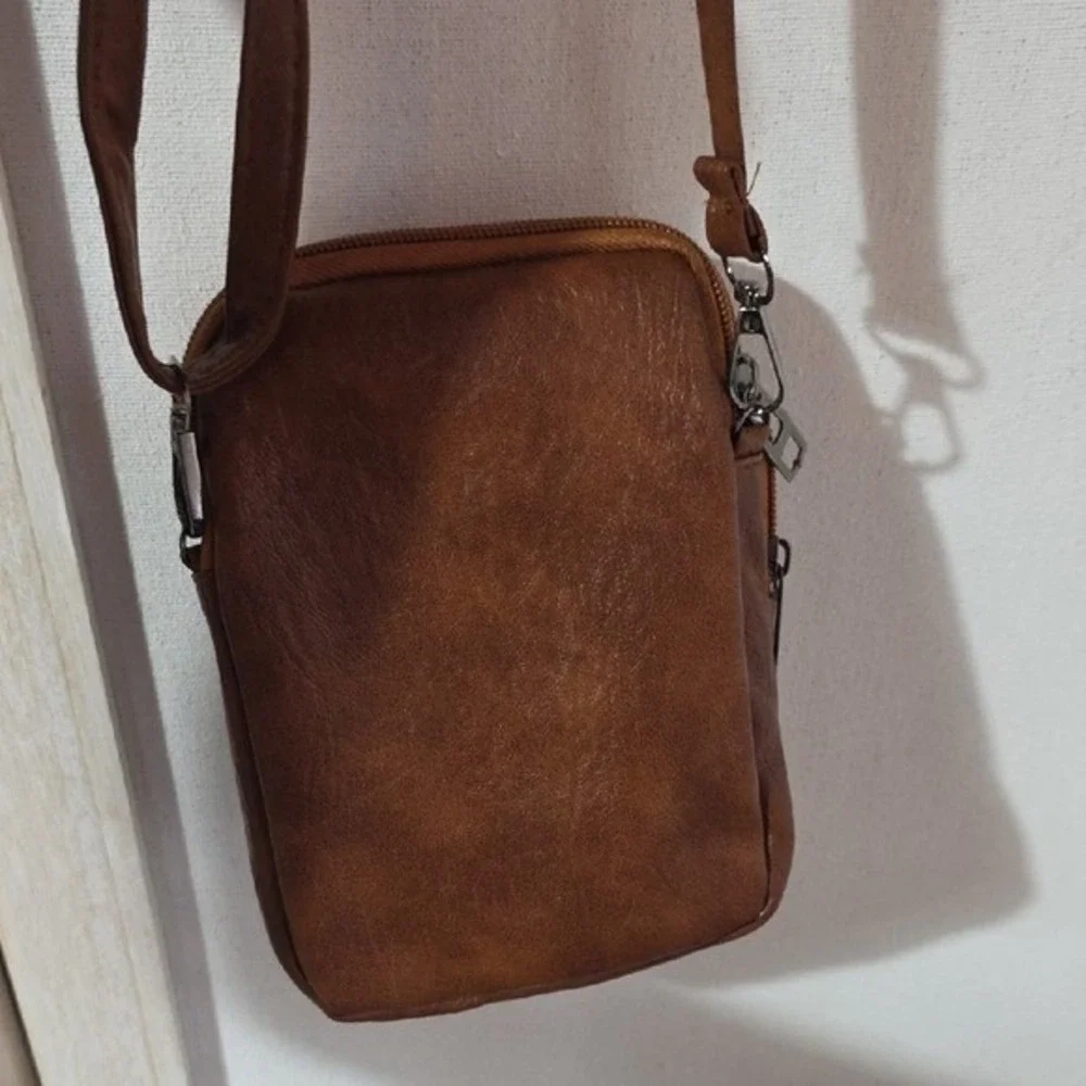 Brown Faux Leather Multi Pocket Crossbody Bag Small Travel Shoulder Purse